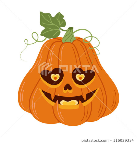 Halloween pumpkin. Cute and scary pumpkin monster head. Hand drawn trendy flat style. Halloween pumpkin. Cute and scary pumpkin monster head. Hand drawn trendy flat style. 116029354