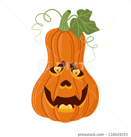 Halloween pumpkin. Cute and scary pumpkin monster head. Hand drawn trendy flat style. Halloween pumpkin. Cute and scary pumpkin monster head. Hand drawn trendy flat style. 116029355