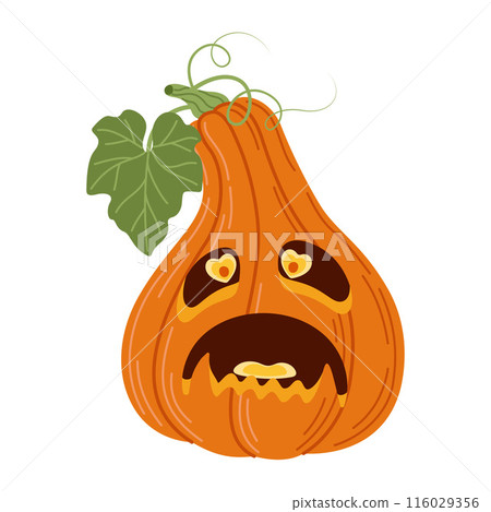Halloween pumpkin. Cute and scary pumpkin monster head. Hand drawn trendy flat style. Halloween pumpkin. Cute and scary pumpkin monster head. Hand drawn trendy flat style. 116029356