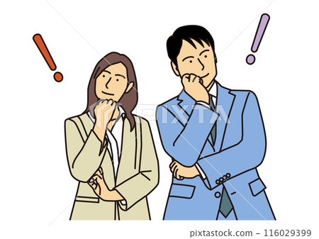 Male and female businessmen with arms folded and thinking 116029399