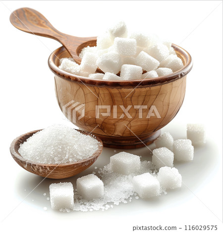 Wooden bowl with sugar cubes and granulated sugar isolated on white background. Useful for baking ingredients advertisements and food blog visuals. 116029575