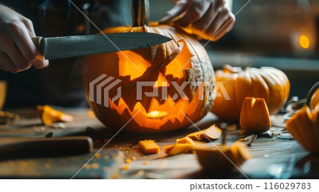 Cutting spooky Jack o lantern from pumpkin Cutting spooky Jack o lantern from pumpkin 116029783
