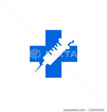 Syringe logo in the cross vector with negative space style design Syringe logo in the cross vector with negative space style design 116029816