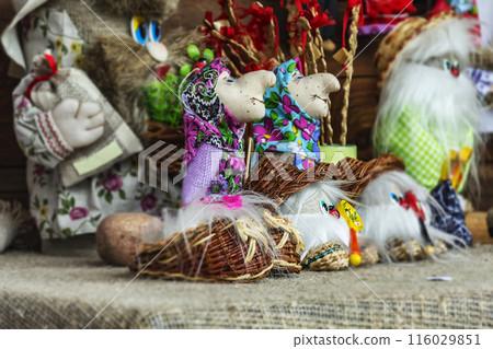 Belarus, Dudutki - 11/07/2017: Folk art. Souvenir crafts of fairy-tale characters Belarus, Dudutki - 11/07/2017: Folk art. Souvenir crafts of fairy-tale characters 116029851