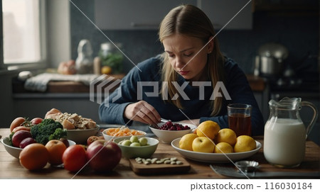 Full-figured woman with keto diet foods. Concept of weight loss and fat burning. 116030184