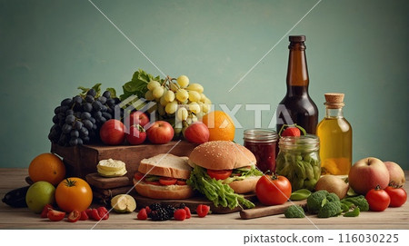 Keto diet and food items for it. Vegetables and fruits, diet burgers. 116030225