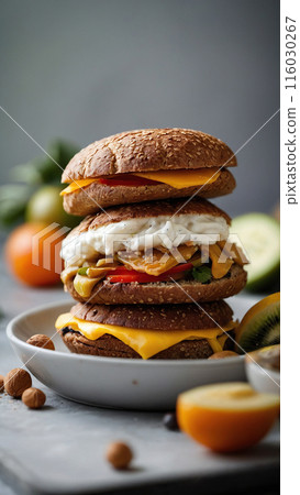 Keto diet and food items for it. Vegetables and fruits, diet burgers. 116030267