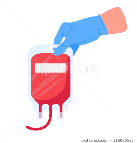 Hand with blood bag. Medical or lab worker hand holding blood bag, blood transfusion and donation concept flat vector illustration. Hand in medical gloves holding blood bag Hand with blood bag. Medical or lab worker hand holding blood bag, blood transfusion and donation concept flat vector illustration. Hand in medical gloves holding blood bag 116030555