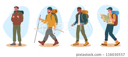 Hiking active tourists. Men on hike, male characters outdoor adventure, trekking and backpacking flat vector illustration. Young guys hiking on trail with backpacks 116030557