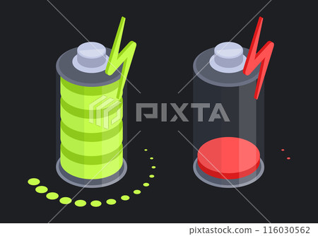Isometric charged and dead battery. Battery charging stages with green and red indicators flat vector illustration. Accumulator charging levels 116030562