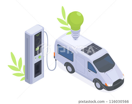 Isometric electric van charging. Eco friendly electric van with solar energy batteries, home charger station isolated 3d vector illustration. Electric car charging Isometric electric van charging. Eco friendly electric van with solar energy batteries, home charger station isolated 3d vector illustration. Electric car charging 116030566