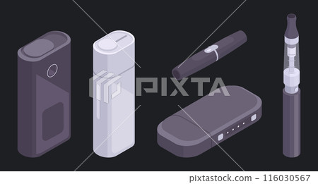 Isometric electronic cigarettes. Vape smoke accessories, digital vape pen and e-cigarette 3d vector illustration set. Vape cigarettes 116030567