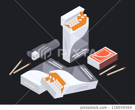Isometric tobacco smoking products. Smoking accessories, nicotine smoke tobacco cigarettes, matches box and lighter 3d vector illustration set. Cigarettes and matches Isometric tobacco smoking products. Smoking accessories, nicotine smoke tobacco cigarettes, matches box and lighter 3d vector illustration set. Cigarettes and matches 116030569