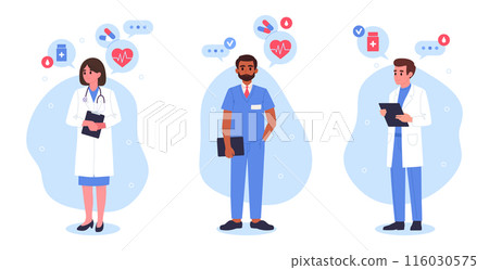 Medical hospital staff. Doctors characters, professional therapist, surgeon or neurologist, doctors wearing uniform flat vector illustration set. Hospital healthcare workers 116030575