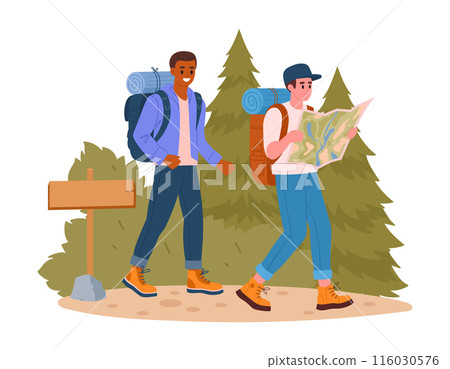 Men on hike. Hiking active tourists, male characters outdoor adventure, trekking and backpacking flat vector illustration. Guys hiking on trail Men on hike. Hiking active tourists, male characters outdoor adventure, trekking and backpacking flat vector illustration. Guys hiking on trail 116030576
