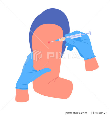 Vaccination process. Nurse hands in rubber gloves vaccinating adult patient, doctor hands holding syringe with vaccine flat vector illustration. Vaccination concept on white 116030578