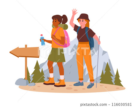 Women on hike. Female characters outdoor adventure, hiking active tourist girls, trekking and backpacking flat vector illustration. Ladies hiking on trail 116030581