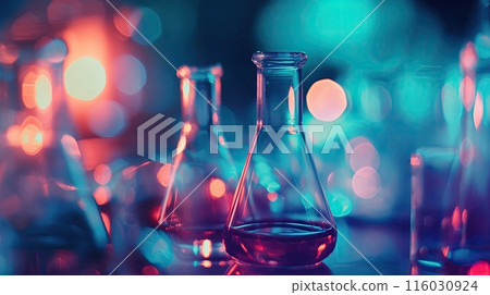 Laboratory glassware with colorful bokeh background, science research and development concept. Laboratory glassware with colorful bokeh background, science research and development concept. 116030924
