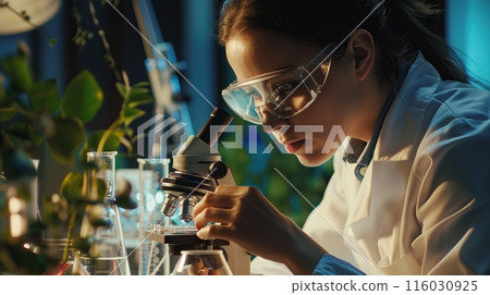 Female scientist looking at microscope in laboratory. Science and technology concept. 116030925