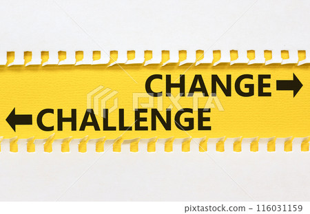 Challenge or change symbol. Concept word Challenge or Change on beautiful yellow paper. Beautiful white paper background. Business and challenge or change concept. Copy space. 116031159