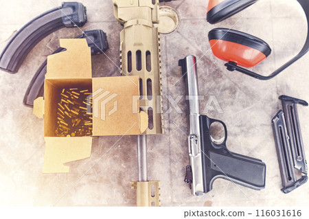 Weapons and military equipment for army, Assault rifle gun, shooting instructor. 116031616