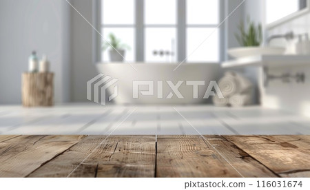 A bathroom with a wooden countertop and a white sink by AI generated image 116031674