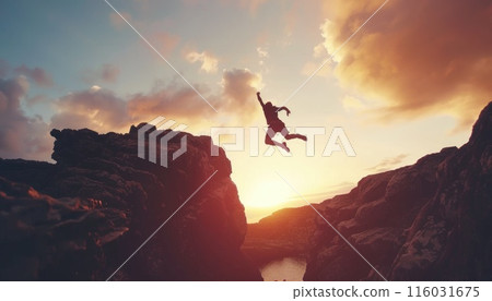 A man is jumping over a large rock in the sky by AI generated image 116031675