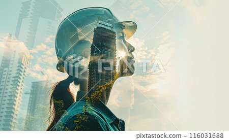 A woman wearing a hard hat is looking up at a building by AI generated image A woman wearing a hard hat is looking up at a building by AI generated image 116031688