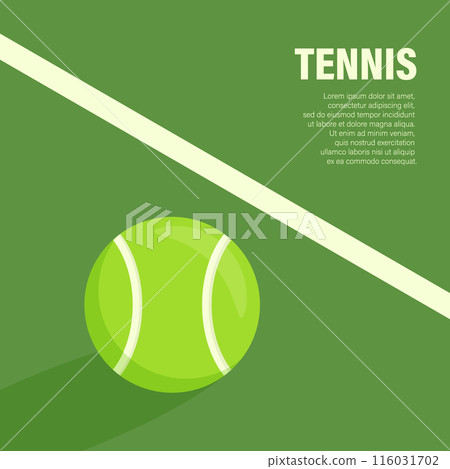 Flat Vector Tennis Ball Icon is on the Green Tennis Court. Tennis Ball Design Template, Sports Concepts, Competition Promotions, Advertisements, Graphics for a Tennis Event. Sports Background 116031702