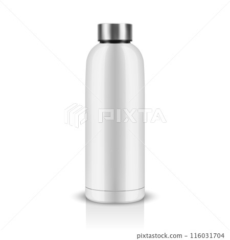 Vector Realistic 3D White Blank Glossy Reusable Water Bottle with Silver Bung Closeup Isolated. Design Template of Packaging Mockup. Front View 116031704