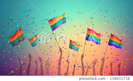 A group of people are holding rainbow flags in the air by AI generated image 116031718
