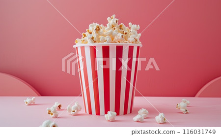 A red and white popcorn bucket with a lot of popcorn in it by AI generated image A red and white popcorn bucket with a lot of popcorn in it by AI generated image 116031749