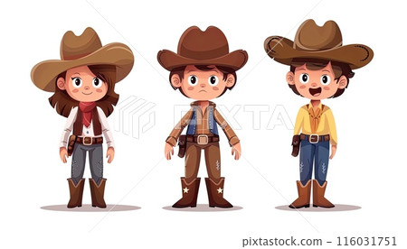Three children in cowboy hats and boots by AI generated image Three children in cowboy hats and boots by AI generated image 116031751