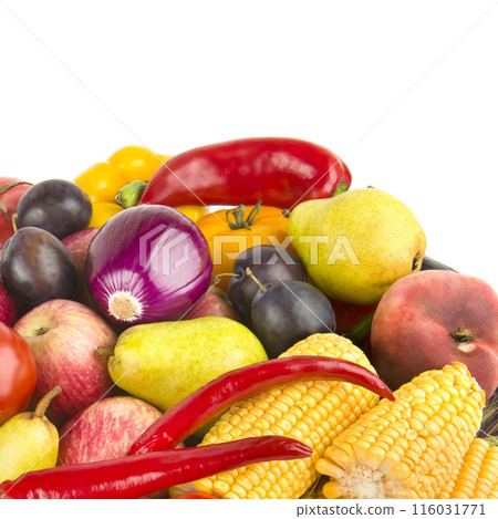 Collection fruits and vegetables isolated on a white. Free space for text. Collection fruits and vegetables isolated on a white. Free space for text. 116031771
