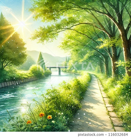 A promenade illuminated by morning light after the rain 116032684