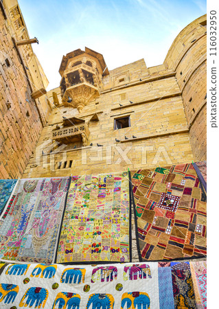 Views of Jaisalmer Fort or Sonar Quila, Arabic designs in desert yellow tones 116032950