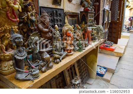 Hindu Gods figurines like Ganesha in wood and stone in Hinduism at Jaisalmer Hindu Gods figurines like Ganesha in wood and stone in Hinduism at Jaisalmer 116032953