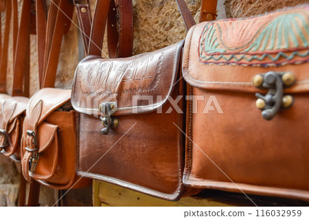 Traditional Handbags in leather handmade for sale in street markets at India. Traditional Handbags in leather handmade for sale in street markets at India. 116032959