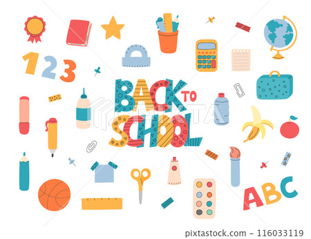 Back to School vector set. Cute funny educational supplies. Lettering and office stationery elements. Colorful hand drawn doodle illustrations collection Back to School vector set. Cute funny educational supplies. Lettering and office stationery elements. Colorful hand drawn doodle illustrations collection 116033119