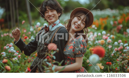 A young couple dancing arm in arm in a flower field like in a musical 116033506