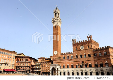 Campo Square under blue sky, World Heritage Site, Siena, Italy, Europe 116033559