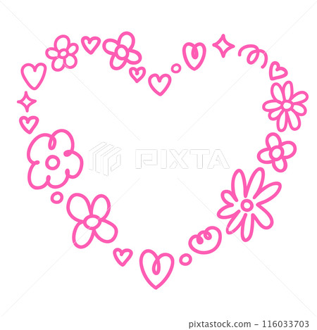 Pink monochrome flowers stars and hearts decorated heart shape. Line hand drawn doodle style illustration. Pink monochrome flowers stars and hearts decorated heart shape. Line hand drawn doodle style illustration. 116033703