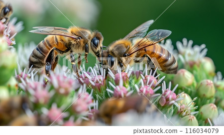 Bees pollinate vibrant garden flowers, showcasing their essential role in maintaining ecosystem health. 116034079