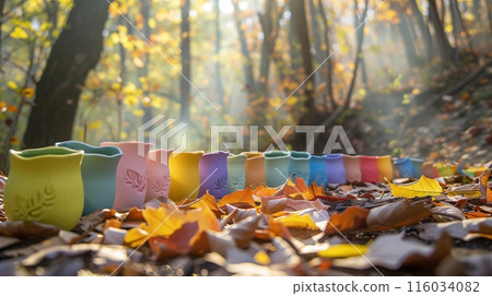 An artist's studio in an enchanted forest, where vibrant ceramic pieces dry under sunlight, creating magic. 116034082