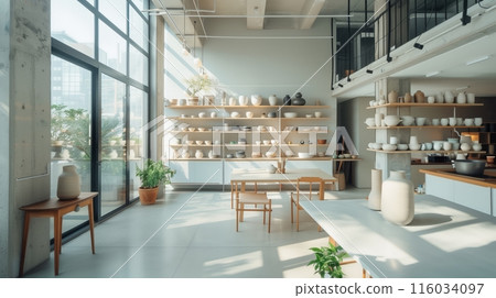 A modern loft turned sleek ceramic studio showcases minimalist, avant-garde pottery, exuding creativity and style. 116034097