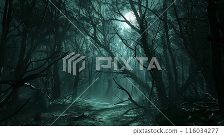 A thrilling chase unfolds in a dark forest at night, moonlight casting eerie shadows, branches snapping. 116034277