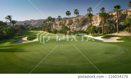 A challenging desert golf course with palm trees, sand dunes, and pristine greens; beautiful and tough for golfers. 116034278