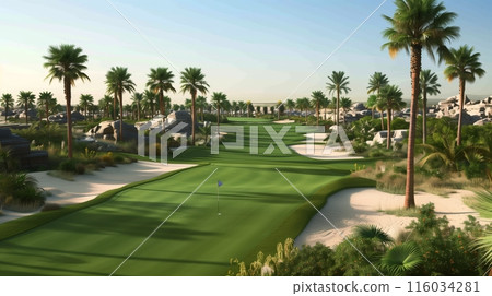 A desert oasis golf course with lush palms and sand dunes offers a blend of beauty and challenging play. 116034281