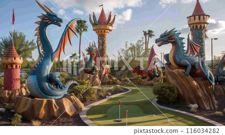 A whimsical mini-golf course features fantastical obstacles like dragons, castles, and hidden treasure holes. 116034282