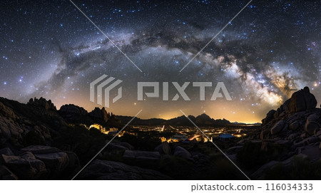 City silhouettes merge with a starry sky, the streetlights outlining an enchanting urban and celestial beauty. 116034333